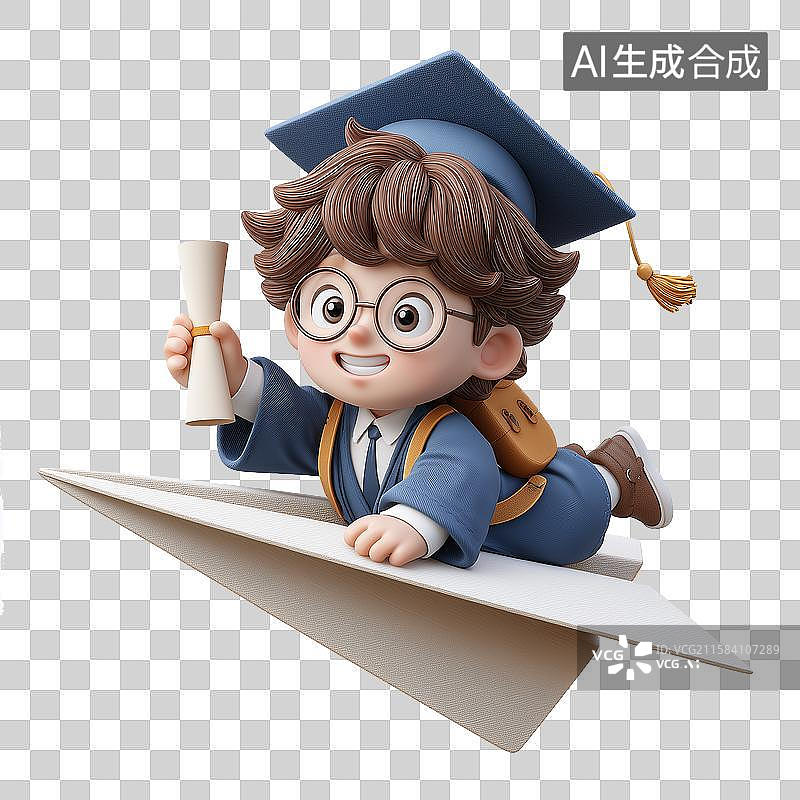 【AI数字艺术】戴学士帽男孩乘纸飞机飞行图片素材