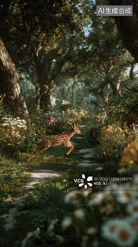 【AI数字艺术】森林小径上的跳跃鹿图片素材