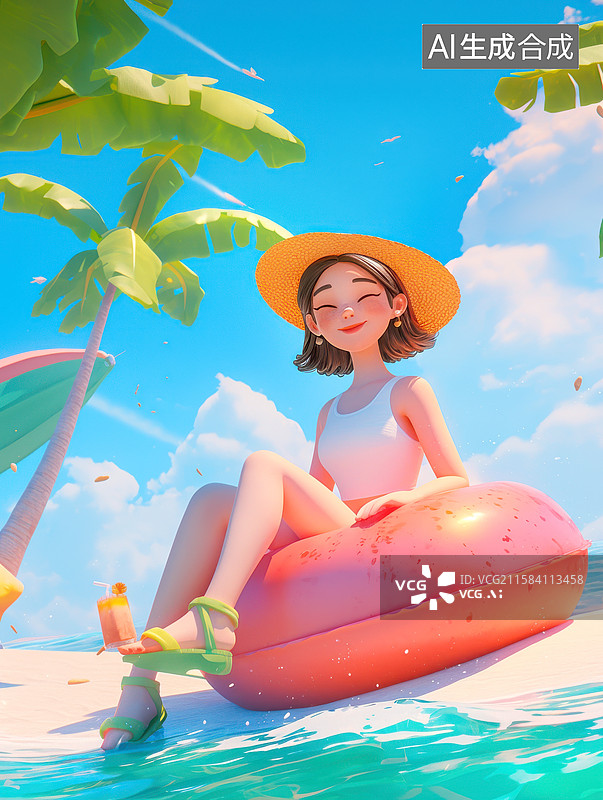 【AI数字艺术】3D卡通人物夏日游泳圈图片素材
