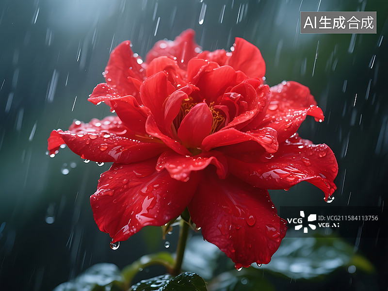 【AI数字艺术】下雨天 暴雨 红花 淋雨 花朵图片素材