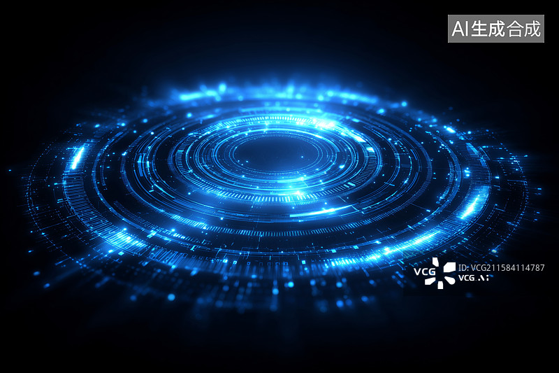 【AI数字艺术】蓝色发光同心圆形数字抽象图案图片素材