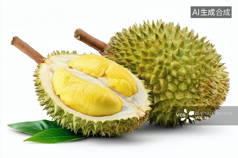 【AI数字艺术】白色背景，剥开一半的榴莲，黄色的果肉图片素材