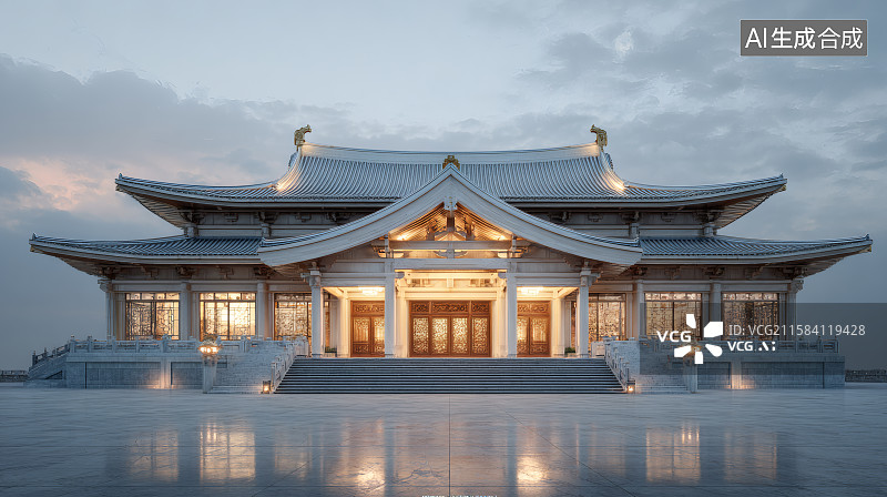 【AI数字艺术】屋前的地砖，一座中式建筑的别墅大门图片素材