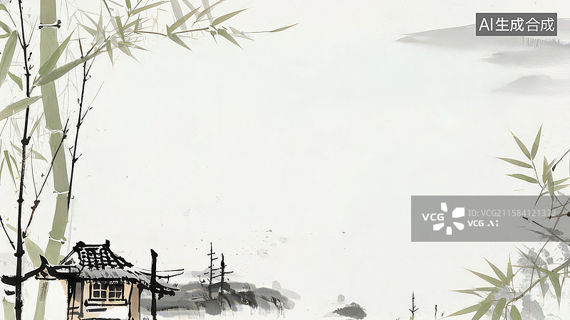 【AI数字艺术】水墨画最大-壁纸背景1竹林旁的古亭，水墨风格图片素材