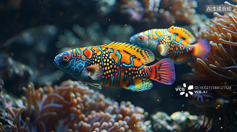 【AI数字艺术】绚丽多彩的热带鱼群 珊瑚礁中的鱼  蓝色的海底世界五彩斑斓的鱼儿游来游去背景壁纸图片素材