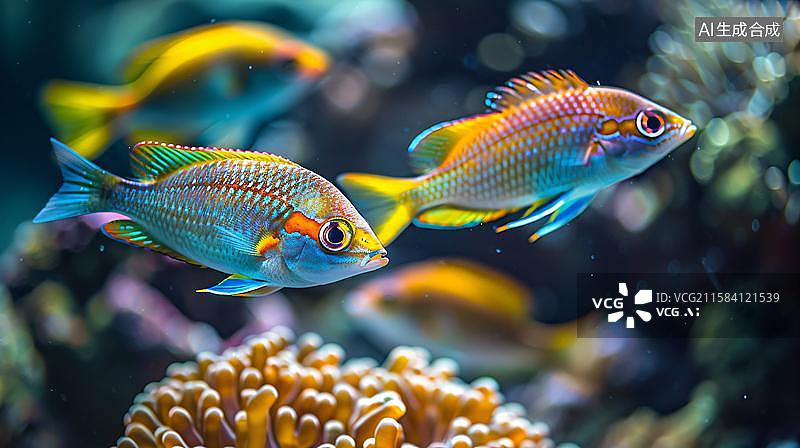 【AI数字艺术】绚丽多彩的热带鱼群 珊瑚礁中的鱼  蓝色的海底世界五彩斑斓的鱼儿游来游去背景壁纸图片素材