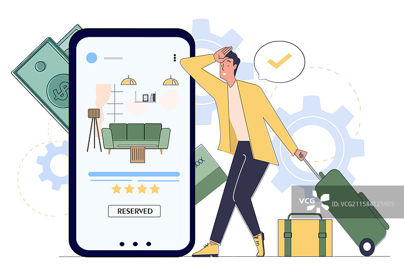 在线房间预订，带行李的男子在附近图片素材
