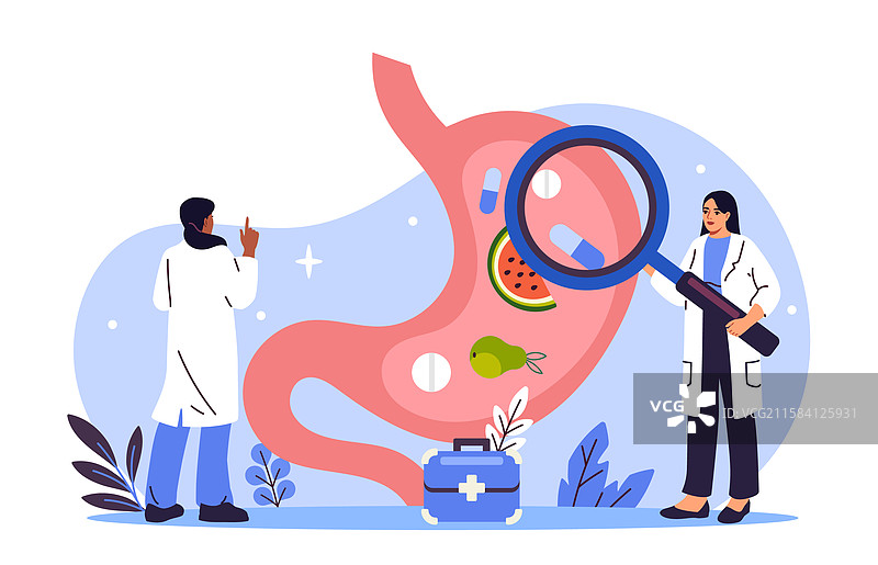 医生穿着医务制服正在研究女性的胃部情况图片素材