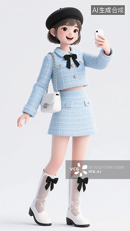 【AI数字艺术】手机自拍3D早秋蓝色小香风穿搭少女图片素材