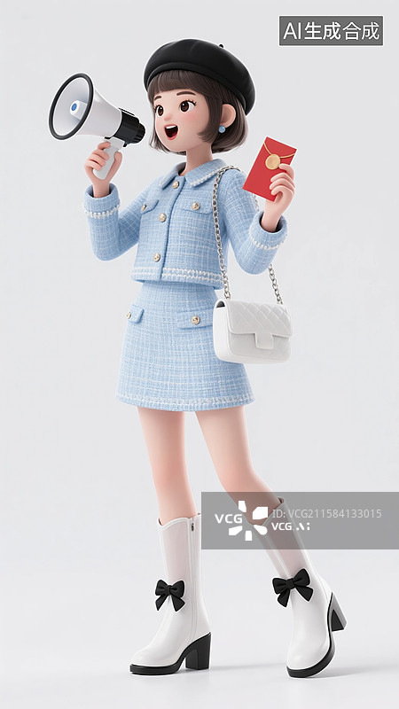 【AI数字艺术】拿喇叭发福利的3D早秋蓝色小香风穿搭少女图片素材