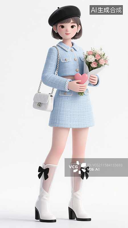 【AI数字艺术】拿着一束花捧着爱心的3D早秋蓝色小香风穿搭少女图片素材