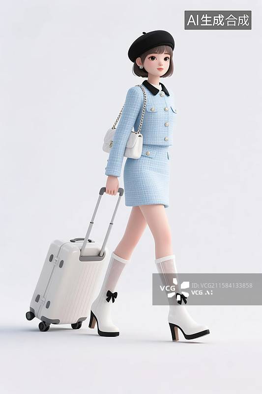 【AI数字艺术】拿行李的3D早秋蓝色小香风穿搭少女图片素材