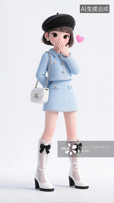 【AI数字艺术】飞吻姿势的3D早秋蓝色小香风穿搭少女图片素材