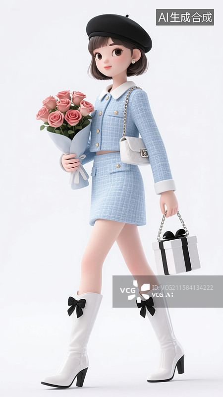 【AI数字艺术】拿着花束礼盒的3D早秋蓝色小香风穿搭少女图片素材