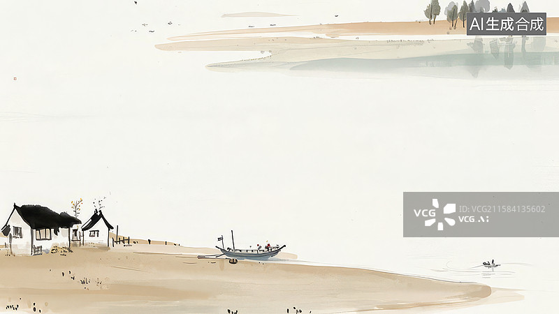 【AI数字艺术】水墨画最大-壁纸背景1宁静水乡，小屋与渔船图片素材