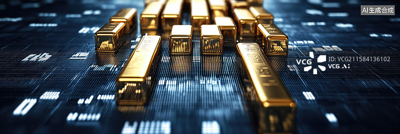 【AI数字艺术】黄金市场动态金条和股市图表的抽象商业背景深蓝色背景金融科技促销中的现货价格上涨图片素材