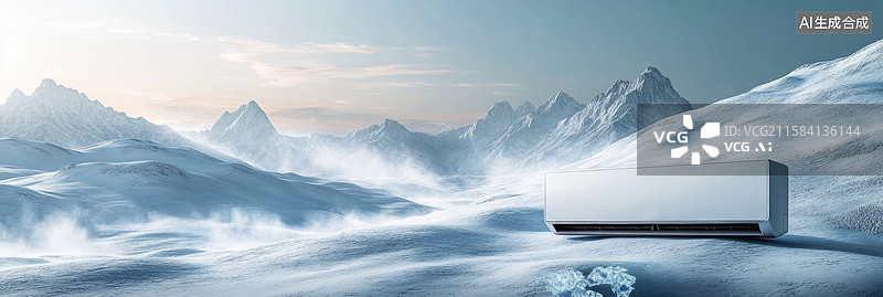 【AI数字艺术】超现实气候对比白色空调漂浮于雪山之中极端天气条件的抽象商业背景节气炎热夏天空调广告冰冷雾气营销活动图片素材