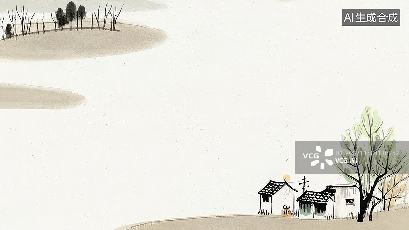 【AI数字艺术】水墨画最大-壁纸背景1冬日乡村小屋与光秃树木图片素材