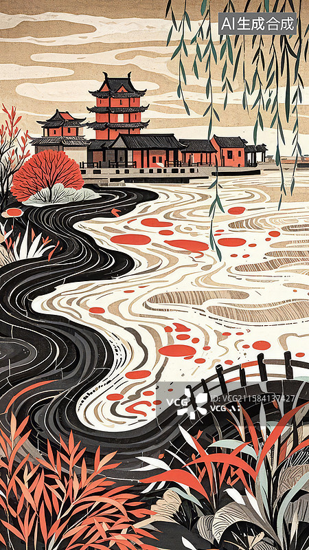 【AI数字艺术】东方园林与流水的和谐画卷图片素材