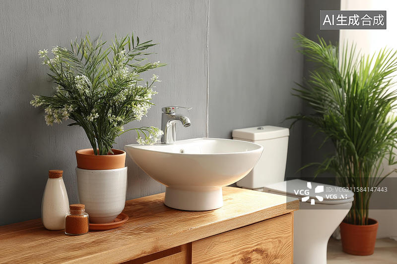【AI数字艺术】现代浴室洗手盆和植物装饰图片素材