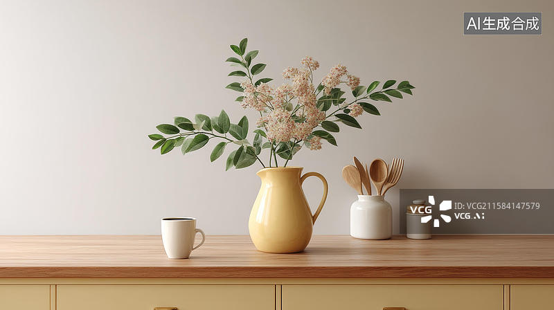 【AI数字艺术】简约花艺厨房摆设与咖啡杯图片素材