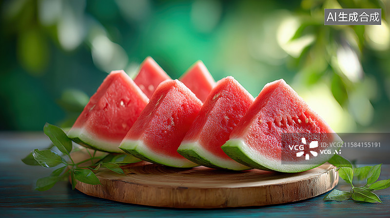 【AI数字艺术】西瓜切片在木板上图片素材