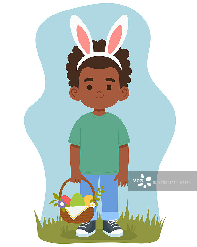 可爱的非裔美国男孩手拿复活节篮子图片素材