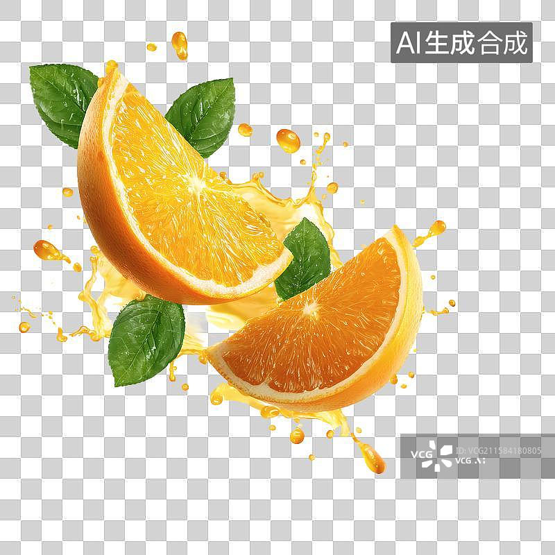 【AI数字艺术】新鲜橙汁飞溅的橙子切片图片素材