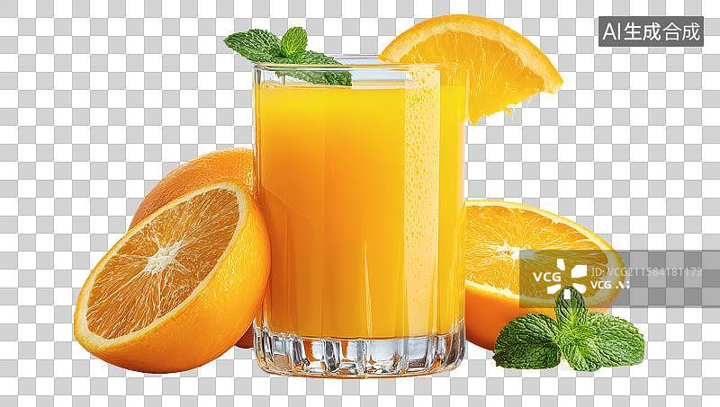 【AI数字艺术】一杯新鲜榨取的橙汁配薄荷叶和切开的橙子图片素材
