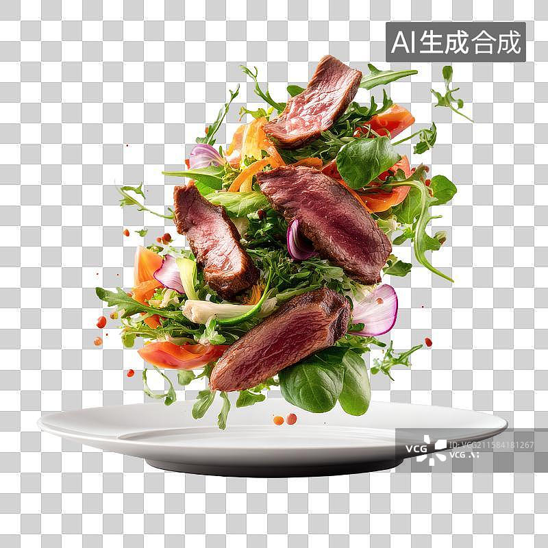 【AI数字艺术】白盘装烤牛肉片配新鲜混合沙拉图片素材