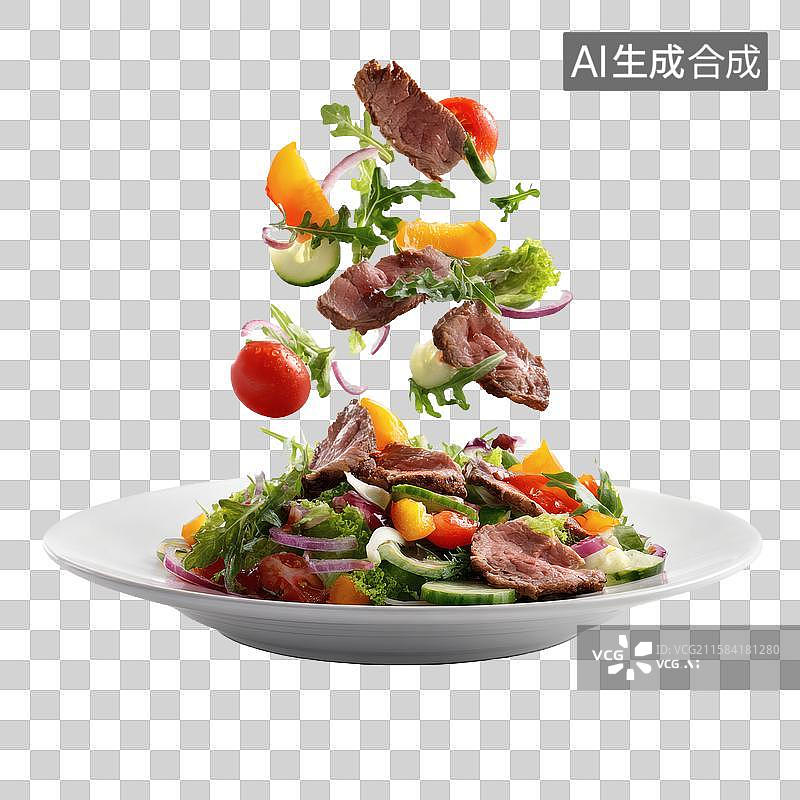【AI数字艺术】白盘装烤牛肉片配新鲜混合沙拉图片素材