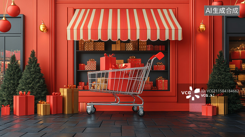 【AI数字艺术】圣诞购物车前的红色礼品店图片素材