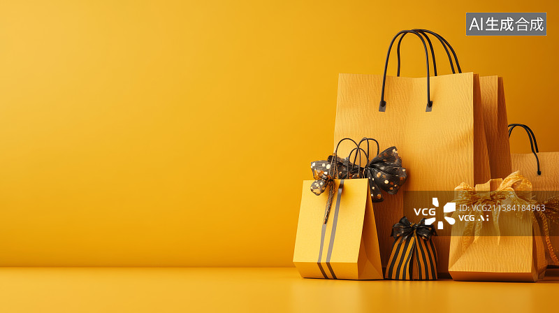 【AI数字艺术】金色背景上的礼品袋与装饰图片素材