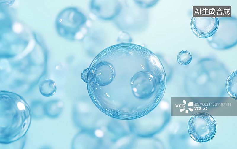 【AI数字艺术】透明气泡悬浮于浅蓝背景图片素材