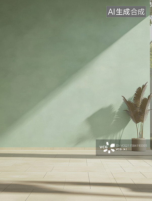 【AI数字艺术】绿墙光影与植物图片素材