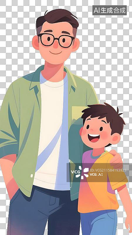 【AI数字艺术】父亲节父女父子扁平人物肌理颗粒感插画免抠元素图片素材