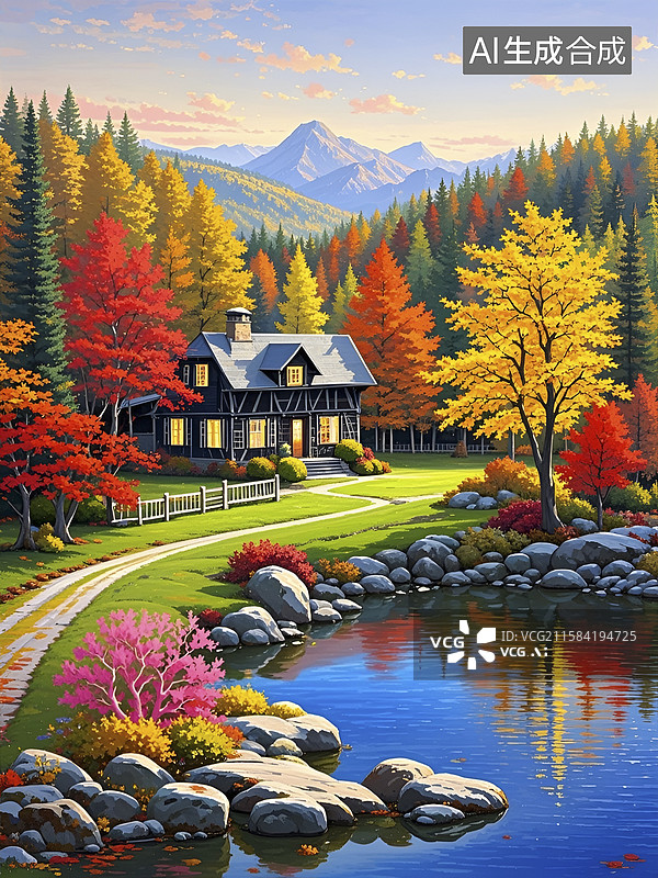 【AI数字艺术】秋日山林中湖畔木屋风景图图片素材