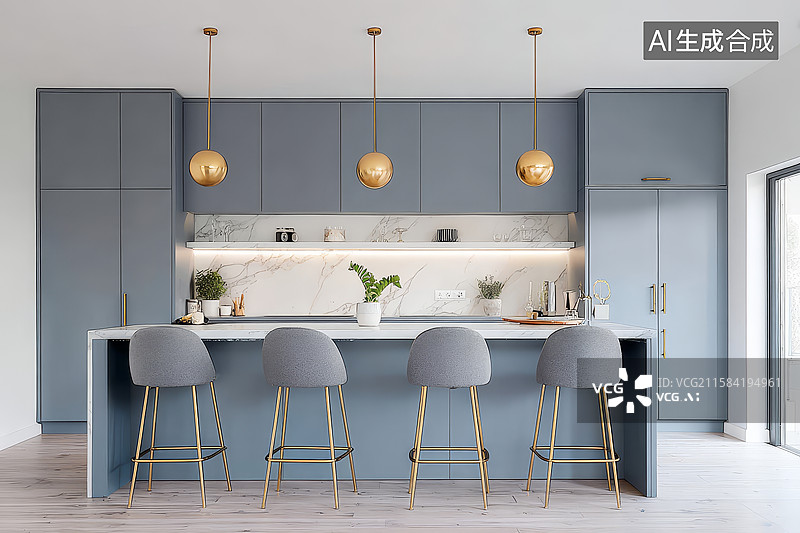【AI数字艺术】现代简约厨房设计，灰色橱柜配金色吊灯图片素材