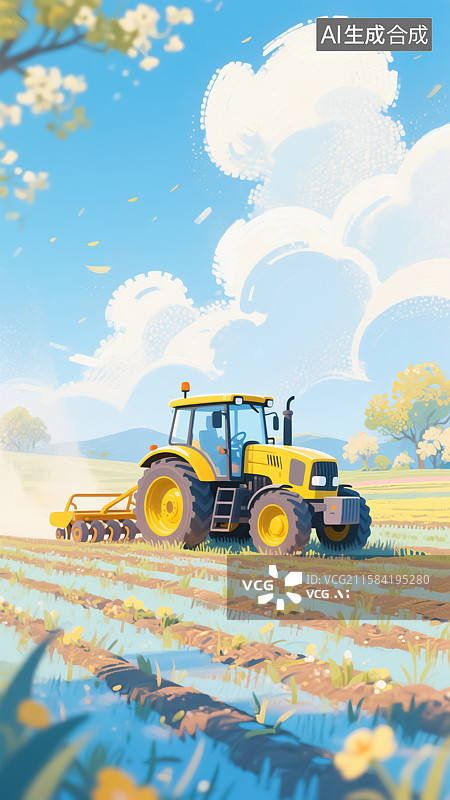 【AI数字艺术】春天田园翻土机作业风景插画图片素材