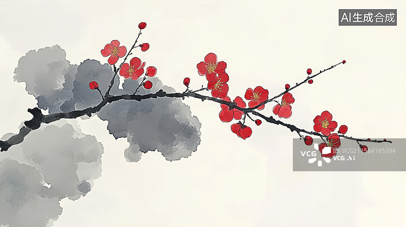【AI数字艺术】红梅傲枝，水墨云烟图片素材