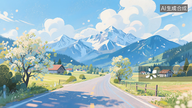 【AI数字艺术】春天乡村雪山风景插画图片素材