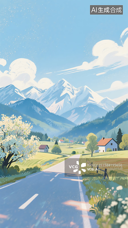 【AI数字艺术】春天乡村雪山风景插画图片素材