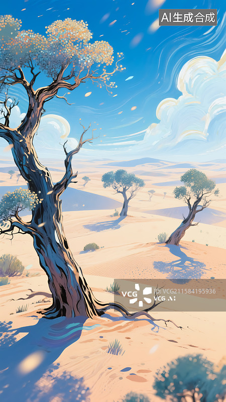 【AI数字艺术】沙漠树木风景插画图片素材