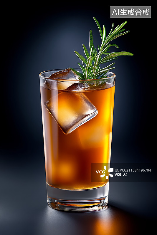 【AI数字艺术】冰块与迷迭香装饰的橙色鸡尾酒图片素材