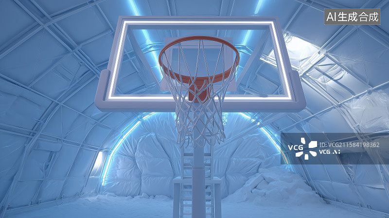 【AI数字艺术】冰雪篮球场内的发光篮筐图片素材