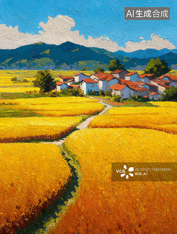 【AI数字艺术】油画风格的乡村秋色图片素材