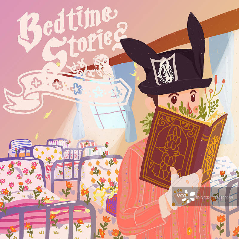 插画二次元原画风颗粒男子读书多彩室内花朵绿植魔法魔法使图片素材