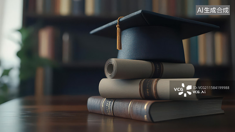 【AI数字艺术】毕业帽证书书堆学业成就静物图图片素材