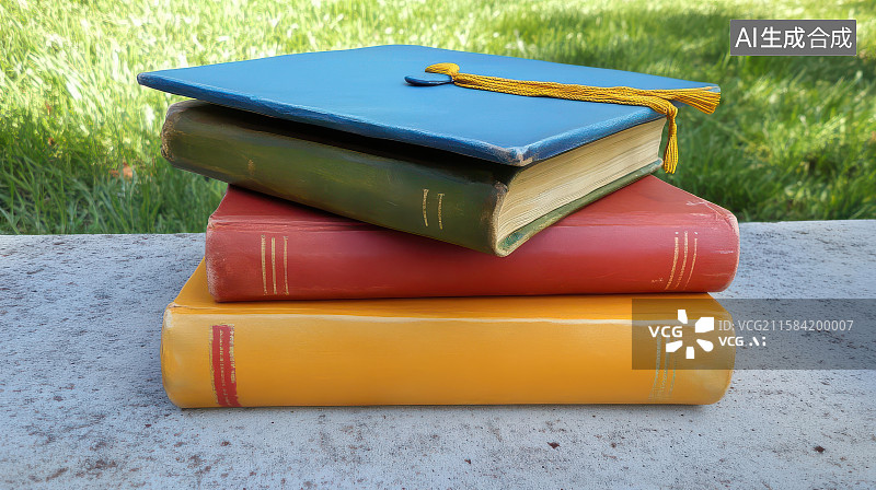 【AI数字艺术】毕业帽证书书堆学业成就静物图图片素材