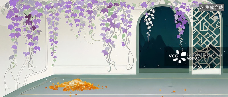 【AI数字艺术】藤蔓垂挂的室内夜景图片素材